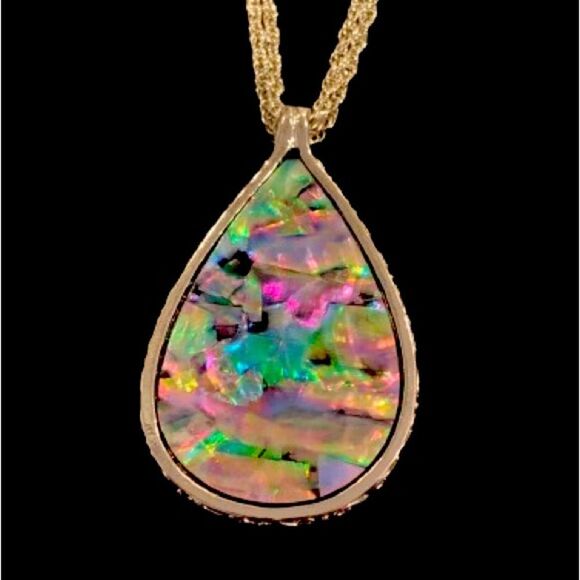 Iridescent Faux Abalone Shell Teardrop Pendant Necklace - Mother of Pearl Finish - Picture 1 of 10